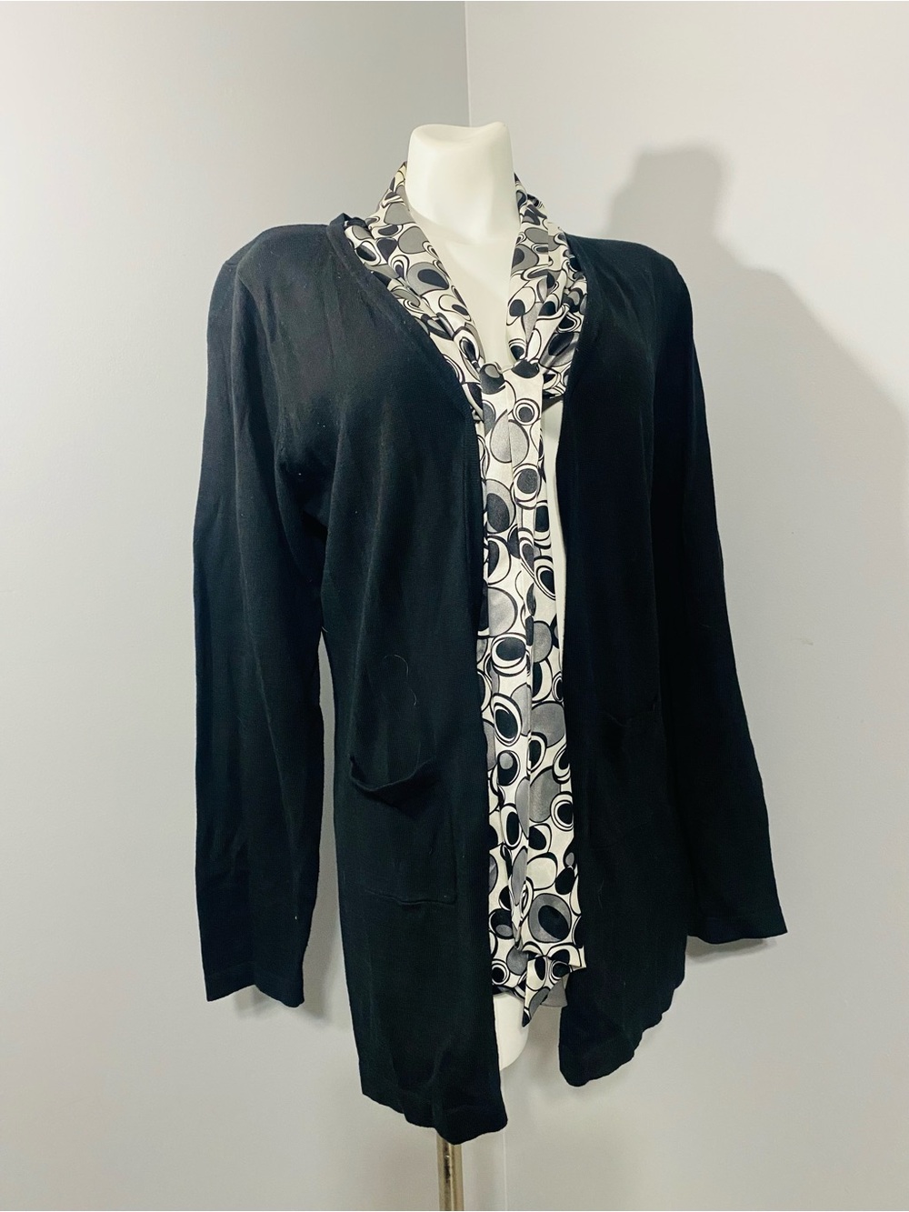 Dress Barn Black Cardigan with Black & White Printed Scarf Trim